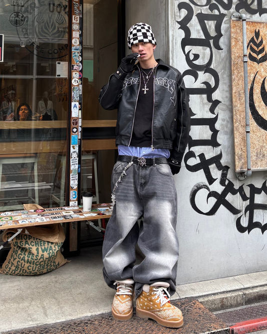 TENUE VESTE CUIR + JEAN BAGGY